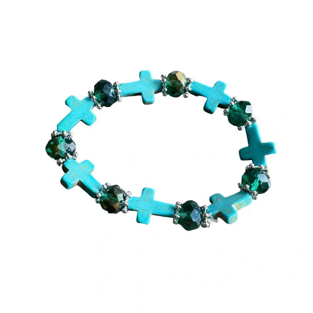 Turquoise Cross Beaded Stretch Bracelet